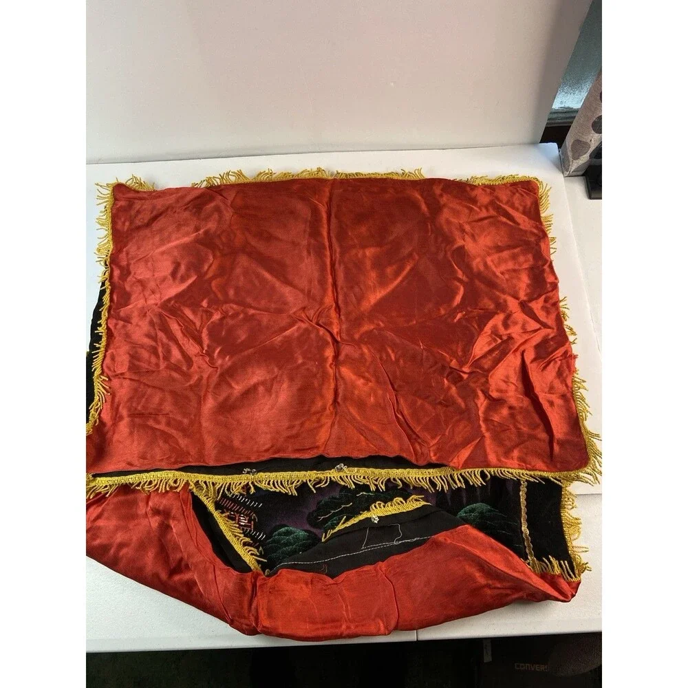 Vintage Asian Pagoda Velvet Silk Pillowcase Set Gold Fringe Oriental Decor -2